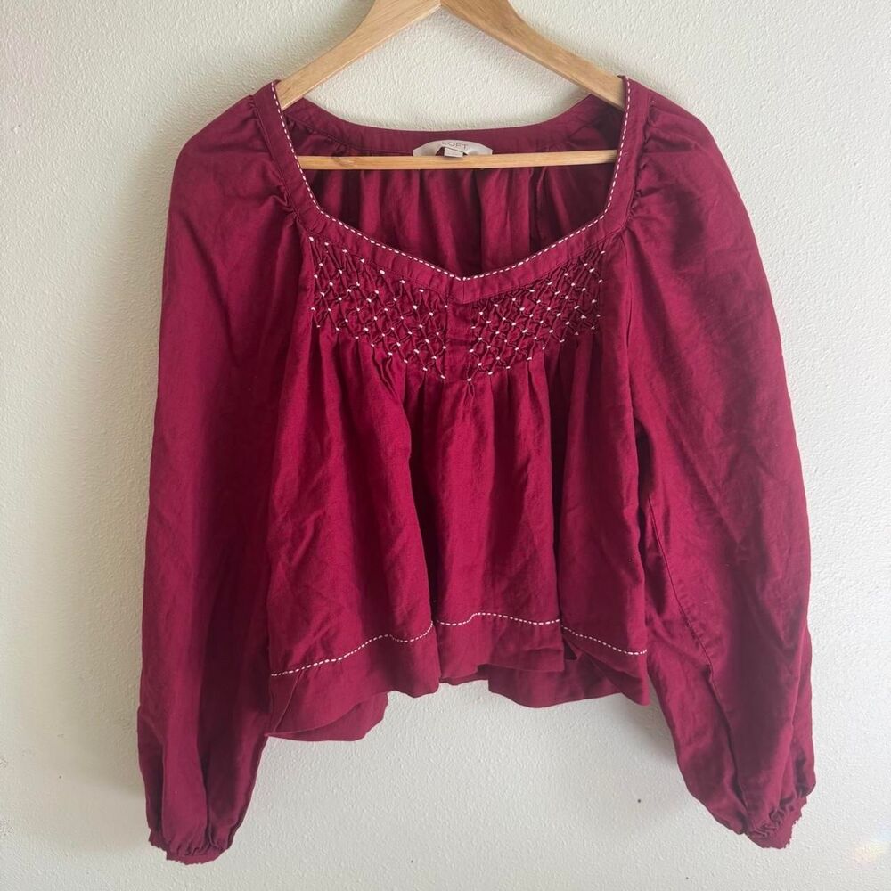 Loft Embroidered Smocked Sweatheart Neck Long Sleeve Burgundy Peasant Blouse